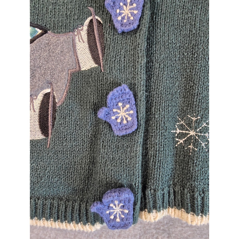 Vtg Christopher & Banks Green Ice Skating Cats Cardigan Sweater Embroidered M - Picture 6 of 13